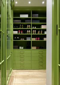 Г-образная гардеробная комната в зеленом цвете Павлодар